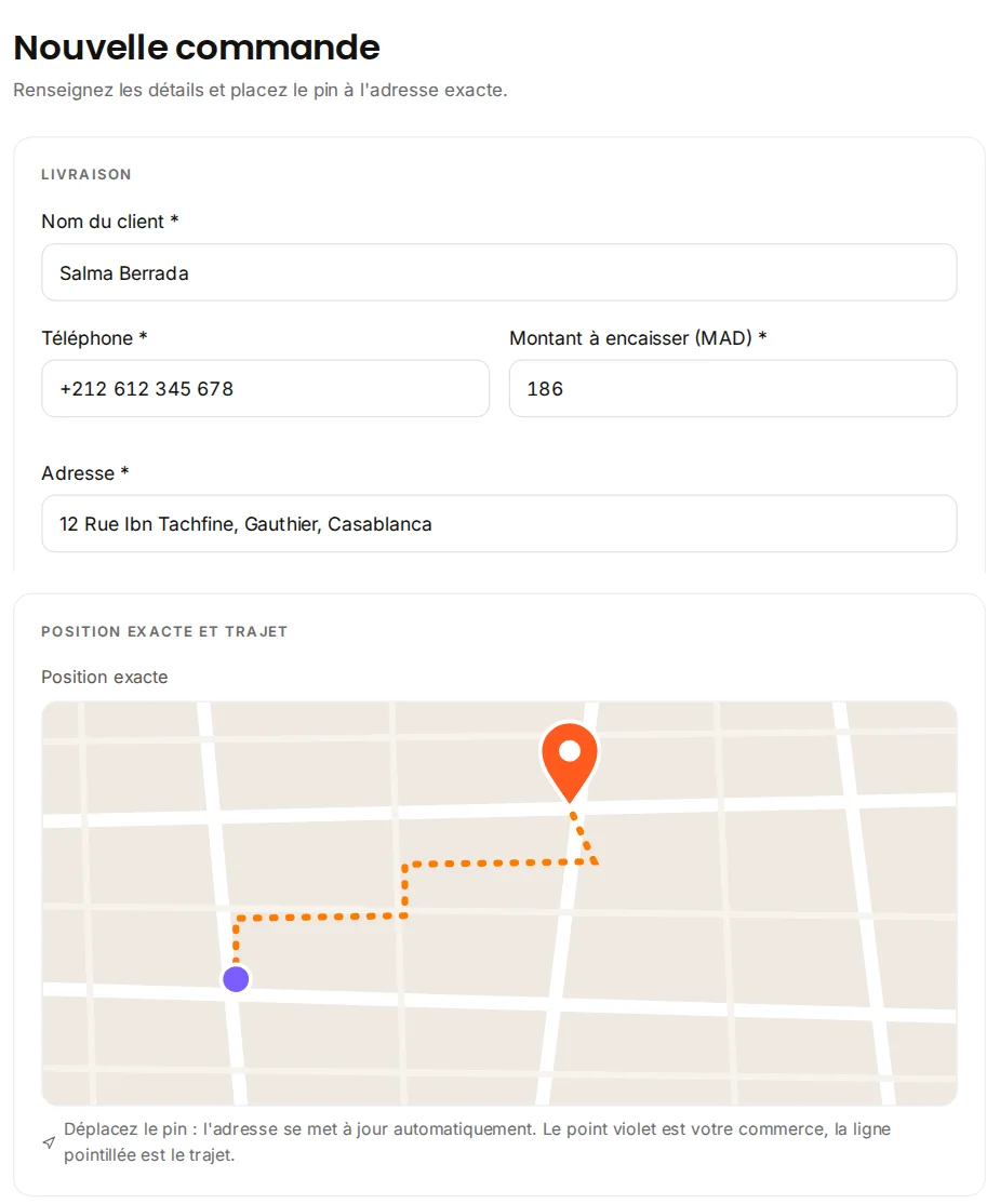 Création d'une commande avec pin sur la carte
